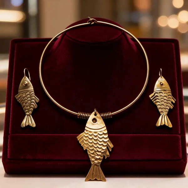 Golden_Brass_Dokra_Fish_Pendant_Hasli_Choker_Necklace_Earrings_Set