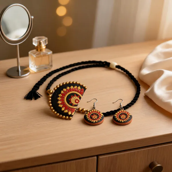Black_Red_Terracotta_Hand_Painted_Floral_Necklace_Earrings_Set