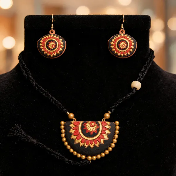 Black_Red_Terracotta_Hand_Painted_Floral_Necklace_Earrings_Set