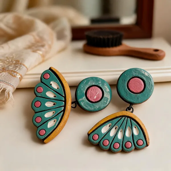 Green_Terracotta_Hand_Painted_Fan_Shape_Drop_Earrings_For_Women