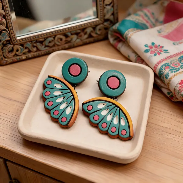 Green_Terracotta_Hand_Painted_Fan_Shape_Drop_Earrings_For_Women