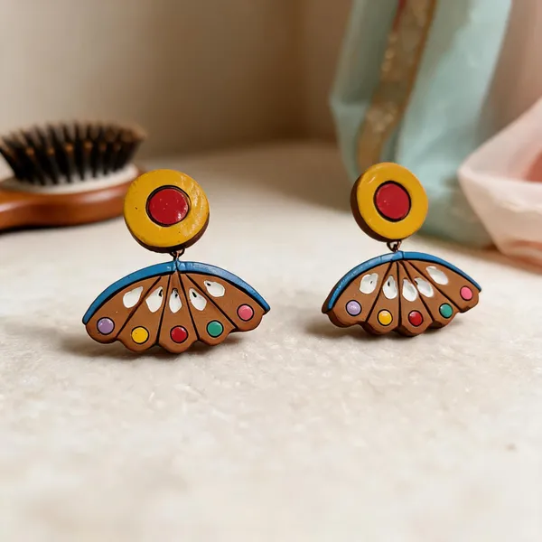 Multicolour_Terracotta_Hand_Painted_Fan_Shape_Drop_Earrings_For_Women