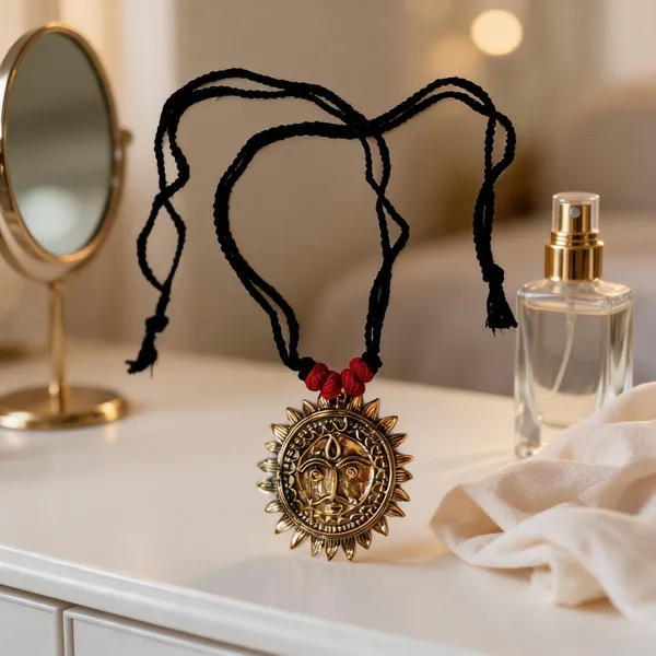 Golden_Black_Brass_Dokra_Sun_God_Pendant_Black_Thread_Necklace_For_Women