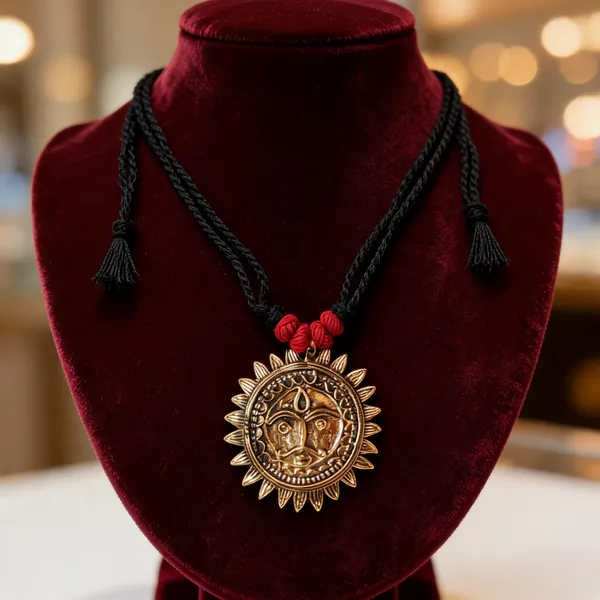 Golden_Black_Brass_Dokra_Sun_God_Pendant_Black_Thread_Necklace_For_Women