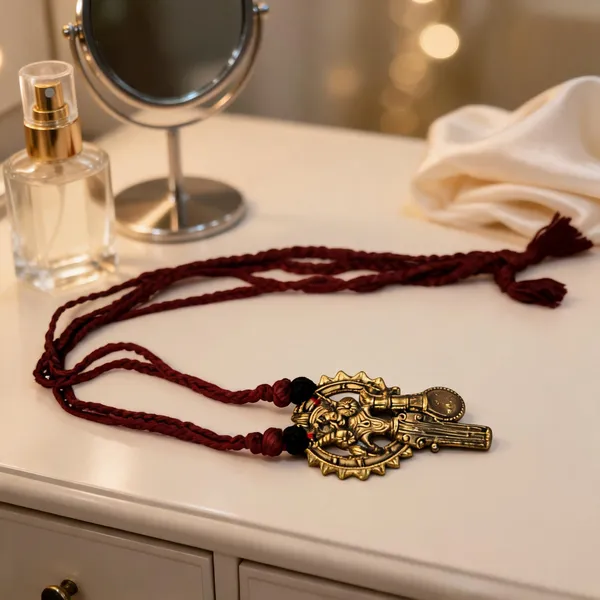 Golden_Red_Brass_Dokra_Saraswati_Pendant_Maroon_Thread_Necklace_For_Women