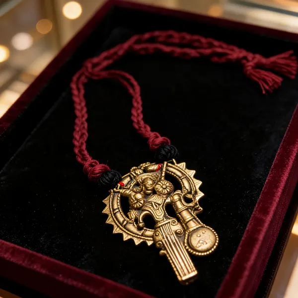 Golden_Red_Brass_Dokra_Saraswati_Pendant_Maroon_Thread_Necklace_For_Women