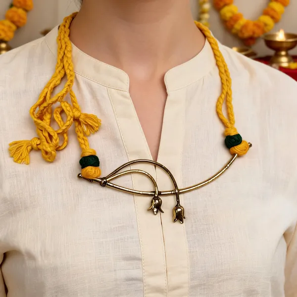 Golden_Yellow_Brass_Dokra_Flower_Pendant_Yellow_Braided_Thread_Necklace_and_Earings