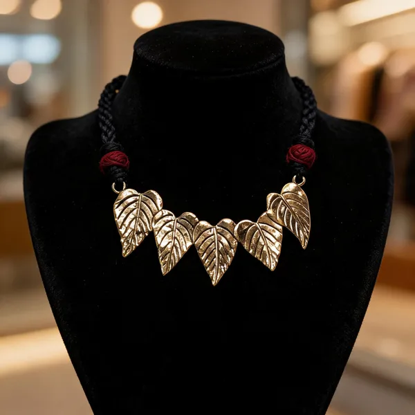 Golden_Brass_Dokra_Leaf_Pendant_Black_Thread_Necklace_For_Women
