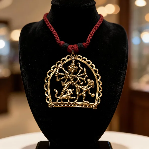 Golden_Red_Brass_Dokra_Goddess_Durga_Pendant_Maroon_Thread_Necklace_For_Women