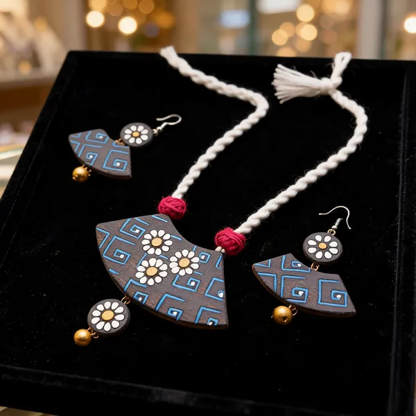 Blue_White_Terracotta_Handpainted_Floral_Necklace_Set_For_Women