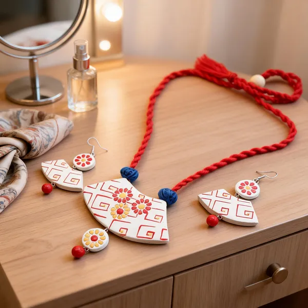 White_Red_Terracotta_Handpainted_Fan_Pendant_Necklace_Set_For_Women