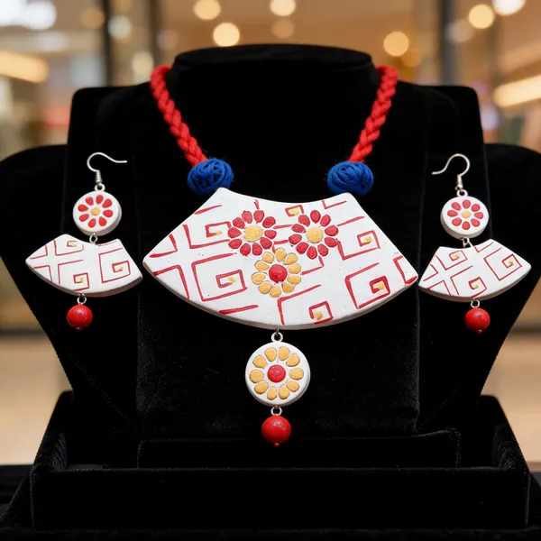 White_Red_Terracotta_Handpainted_Fan_Pendant_Necklace_Set_For_Women