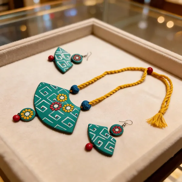 Green_Yellow_Terracotta_Handpainted_Fan_Pendant_Necklace_Set_For_Women