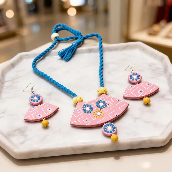 Pink_Blue_Terracotta_Handpainted_Fan_Pendant_Necklace_Set_For_Women