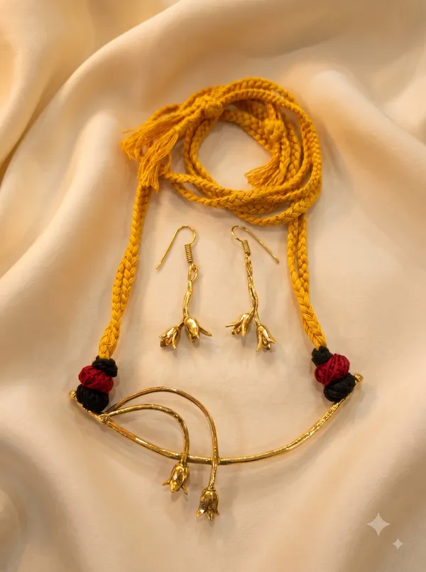 Golden_Yellow_Brass_Dokra_Flower_Pendant_Yellow_Braided_Thread_Necklace_and_Earings