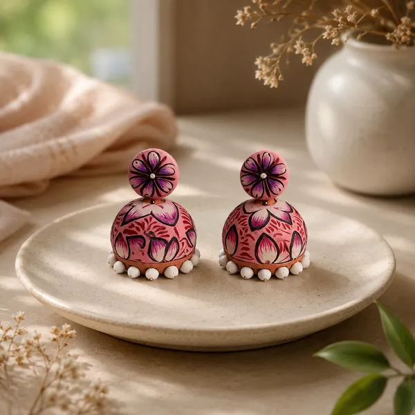 Pink_Terracotta_Handpainted_Floral_Jhumka_Earrings_For_Women