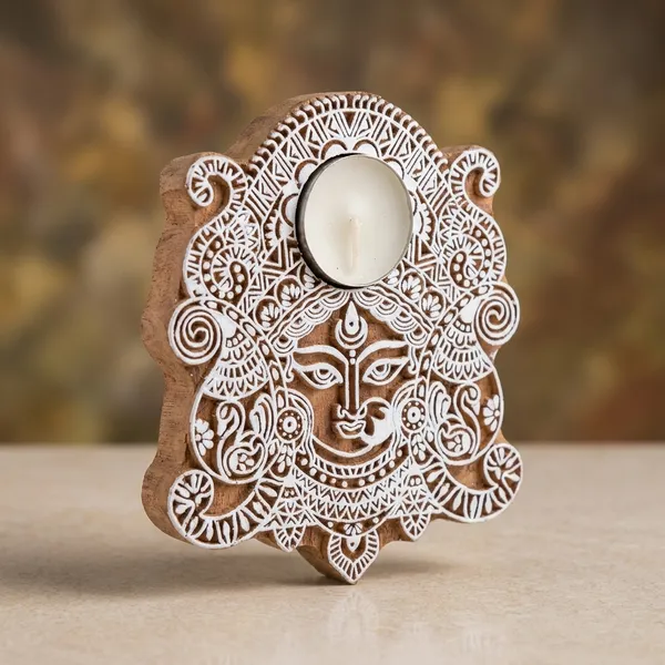 Wooden_Hand-Carved_Durga_Face_Tealight_Candle_Stand
