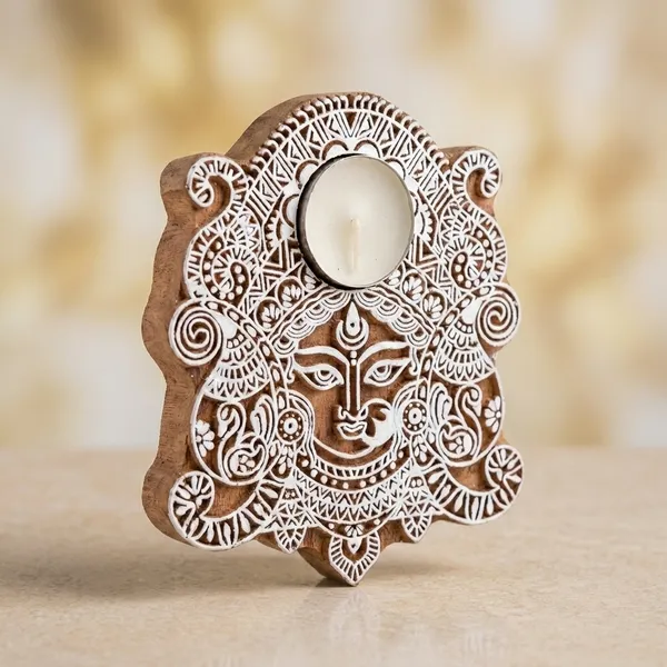 Wooden_Hand-Carved_Durga_Face_Tealight_Candle_Stand