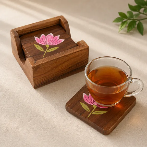 Wooden_Handcrafted_Lotus_Design_Square_Coaster_Set_With_Holder