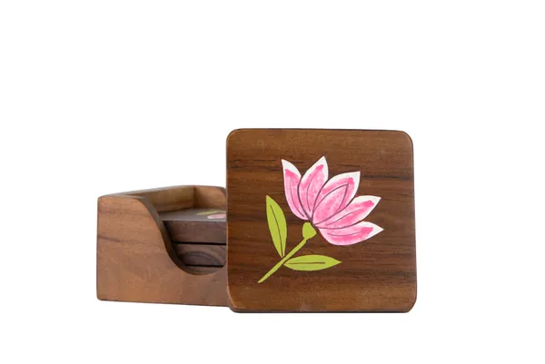 Wooden_Handcrafted_Lotus_Design_Square_Coaster_Set_With_Holder