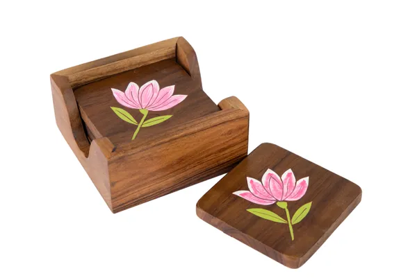 Wooden_Handcrafted_Lotus_Design_Square_Coaster_Set_With_Holder