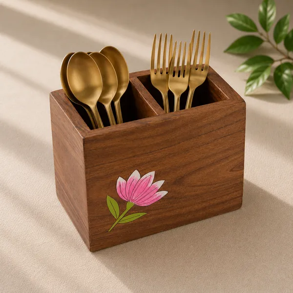 Wooden_Lotus_Design_Two_Compartment_Spoon_And_Cutlery_Holder