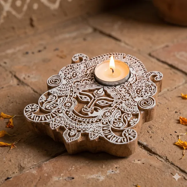Wooden_Hand-Carved_Durga_Face_Tealight_Candle_Stand
