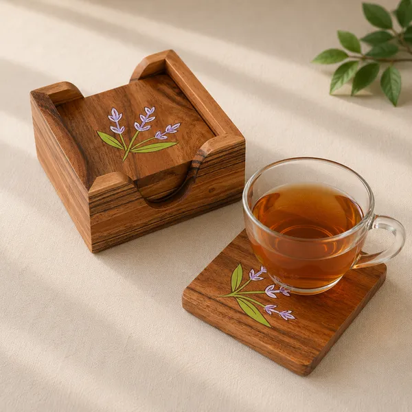 Handcrafted_Wooden_Coaster_Set_With_Lavender_Design_And_Holder