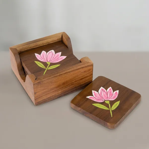 Wooden_Handcrafted_Lotus_Design_Square_Coaster_Set_With_Holder