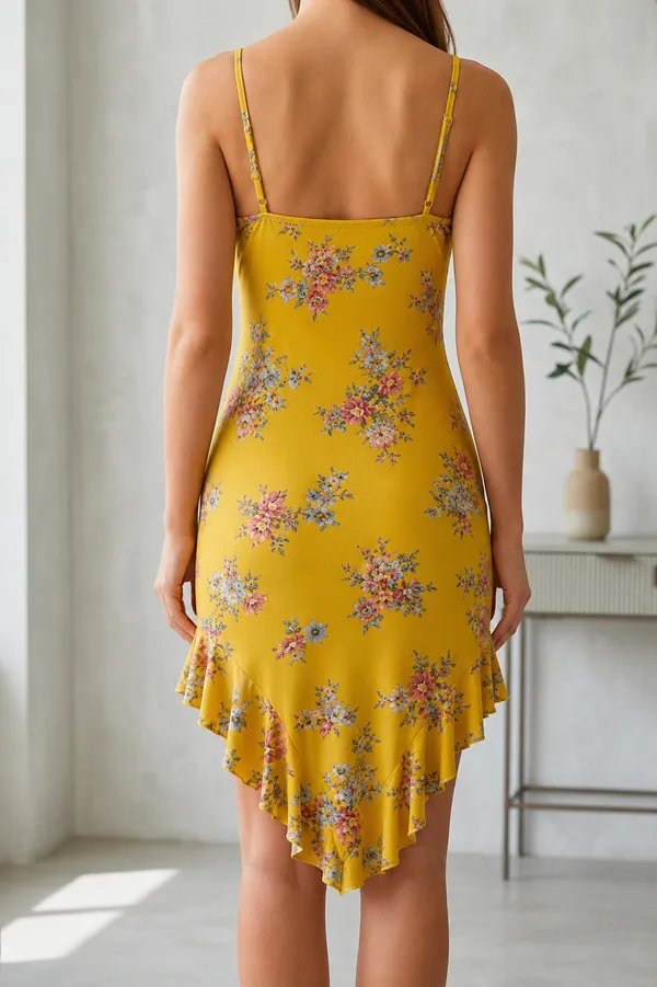 Yellow_Floral_Print_Net_Ruffle_Bodycon_Dress_For_Women