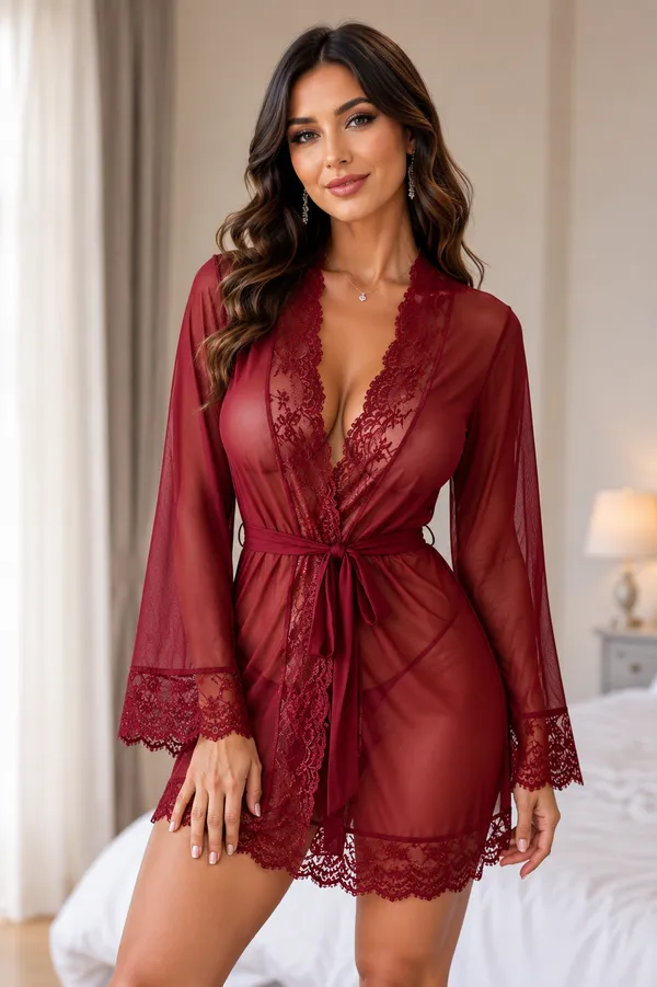 Red_Satin_Lace_Trim_Wrap_Robe_For_Women