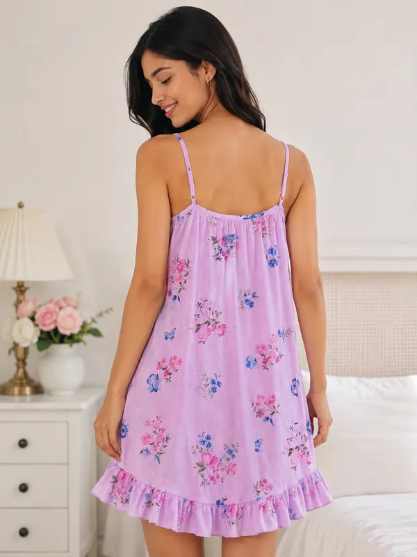 Lavender_Net_Floral_Print_Ruffle_Nightdress_For_Women