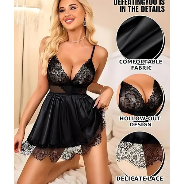 Black_Satin_Lace_Trim_Short_Nightwear_Dress_For_Women