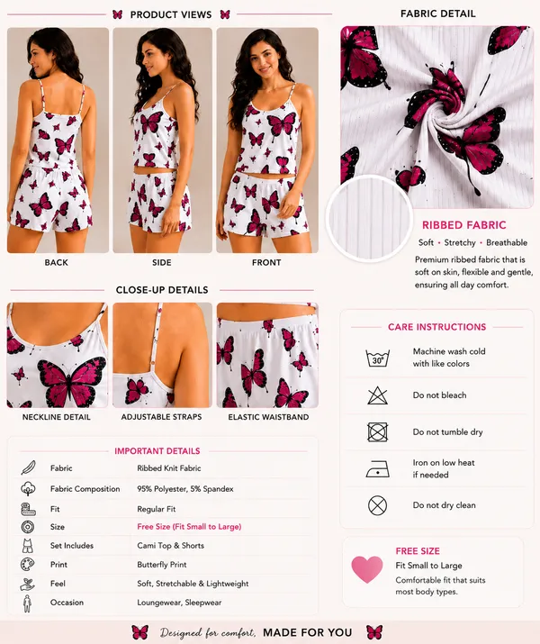 White_Ribbed_Butterfly_Print_Cami_Top_Shorts_Sleepwear_Set_For_Women