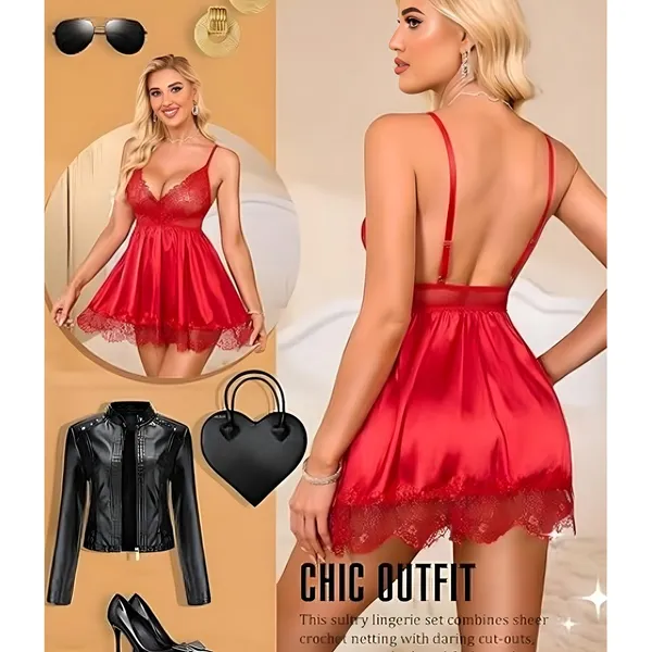 Red_Satin_Lace_Trim_Babydoll_Lingerie_Set_For_Women