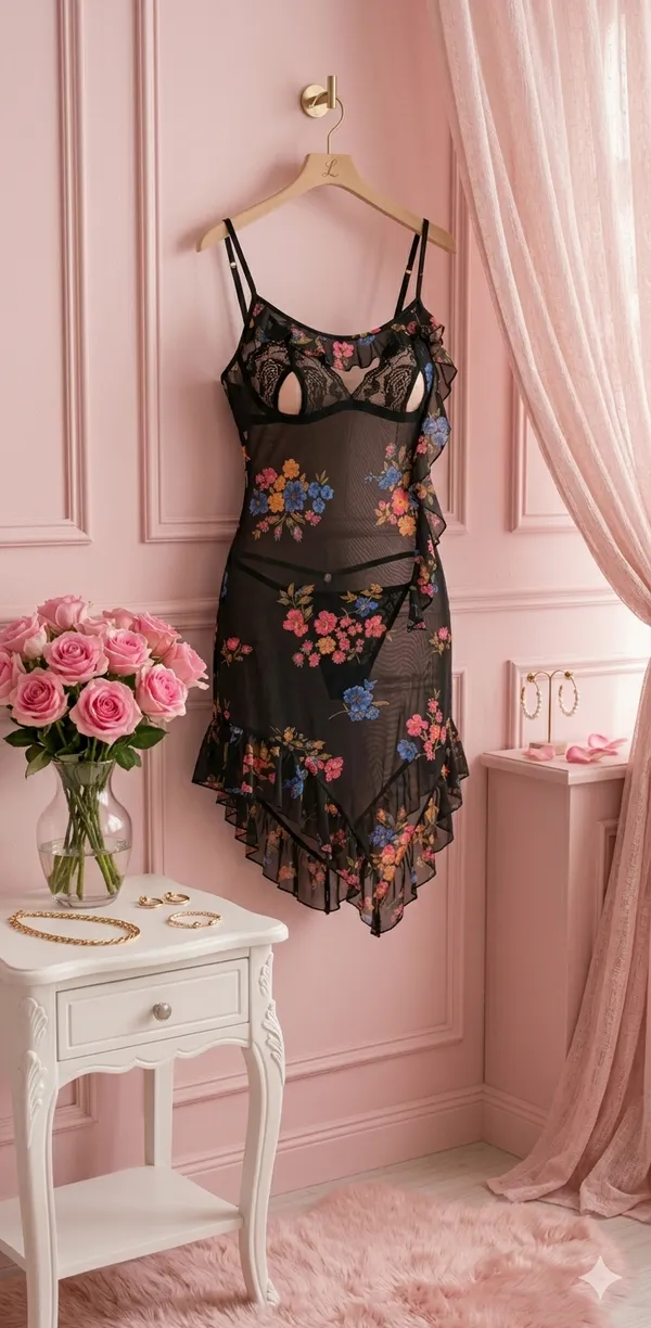 Black_Mesh_Floral_Asymmetric_Hem_Chemise_Lingerie_Set_For_Women