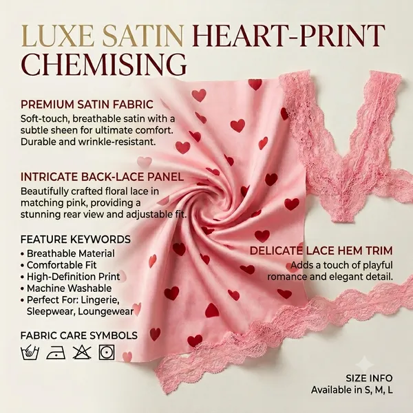 Pink_Satin_Heart_Print_Lace_Trim_Chemise_For_Women