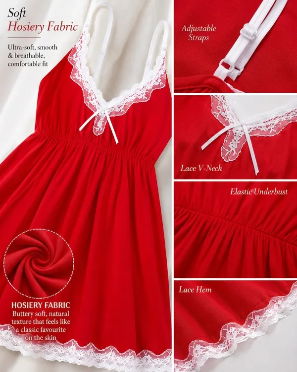 Red_Satin_Lace_Trim_Babydoll_Nightdress_For_Women