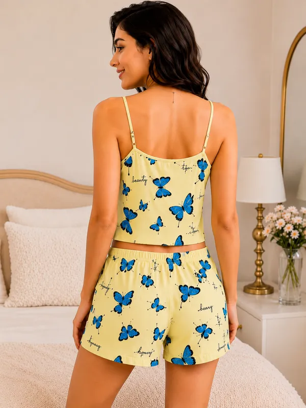 Yellow_Ribbed_Butterfly_Print_Cami_Top_Shorts_Sleepwear_Set_For_Women