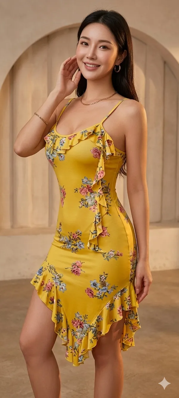 Yellow_Floral_Print_Net_Ruffle_Bodycon_Dress_For_Women