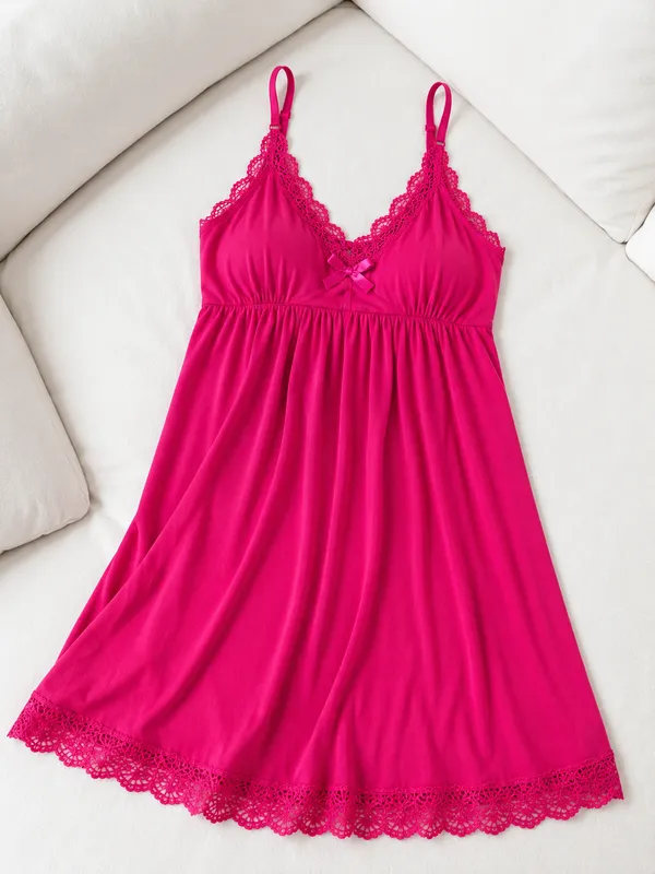 Hot_Pink_Malai_Lace_Trim_Babydoll_Nightdress_For_Women