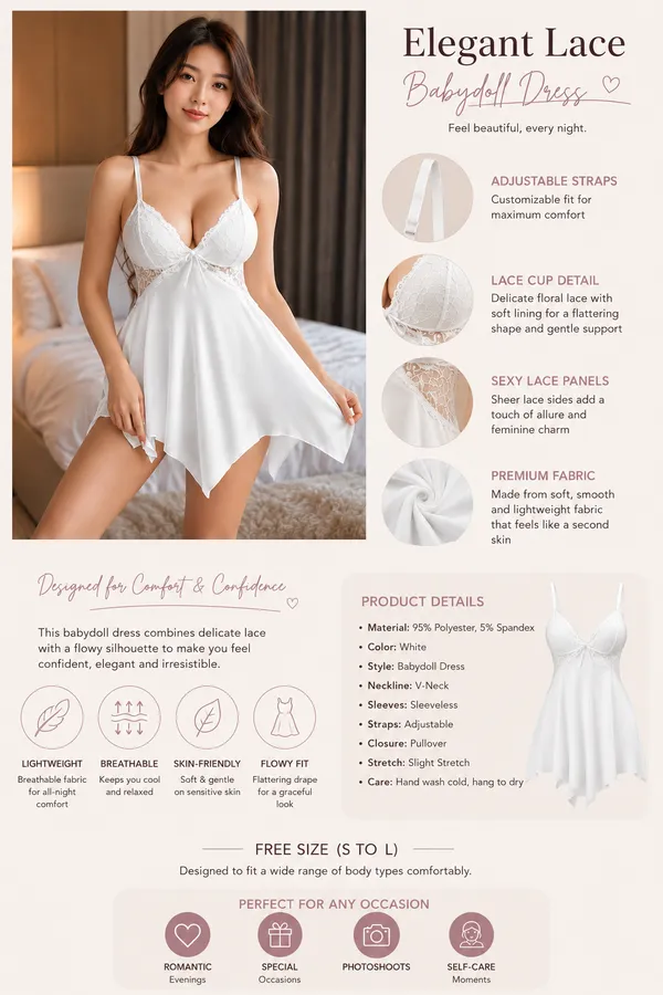 White_Satin_Lace_Floral_Babydoll_Dress_For_Women