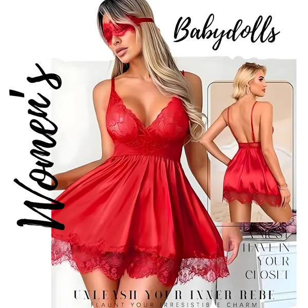Red_Satin_Lace_Trim_Babydoll_Lingerie_Set_For_Women