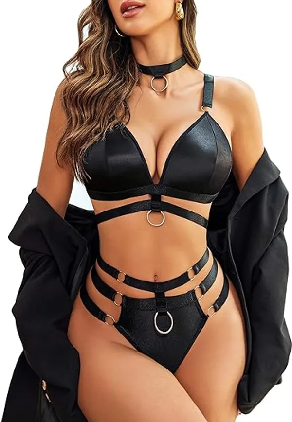 Black_Satin_Strappy_Lingerie_Set_With_Choker_For_Women