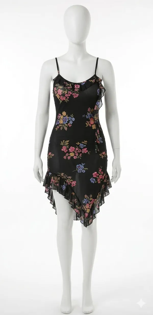 Black_Net_Floral_Print_Asymmetric_Hem_Slip_Dress_For_Women