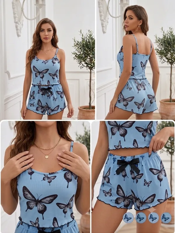 Blue_Ribbed_Butterfly_Print_Cami_Top_Shorts_Pajama_Set_For_Women