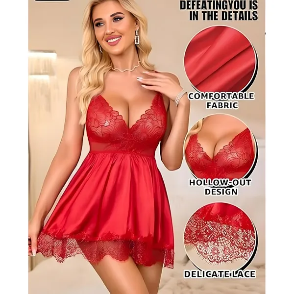 Red_Satin_Lace_Trim_Babydoll_Lingerie_Set_For_Women