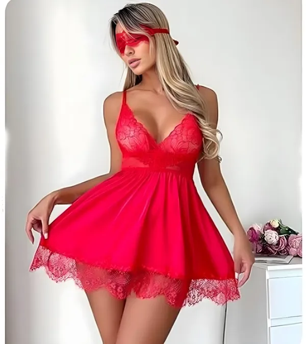 Red_Satin_Lace_Trim_Babydoll_Lingerie_Set_For_Women
