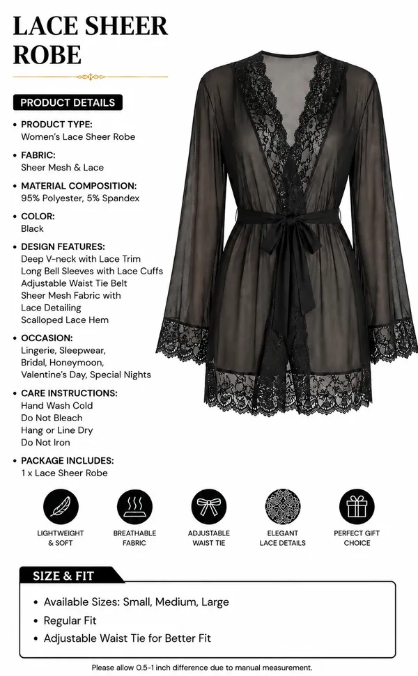 Black_Net_Lace_Trim_Bell_Sleeve_Robe_With_Belt_For_Women