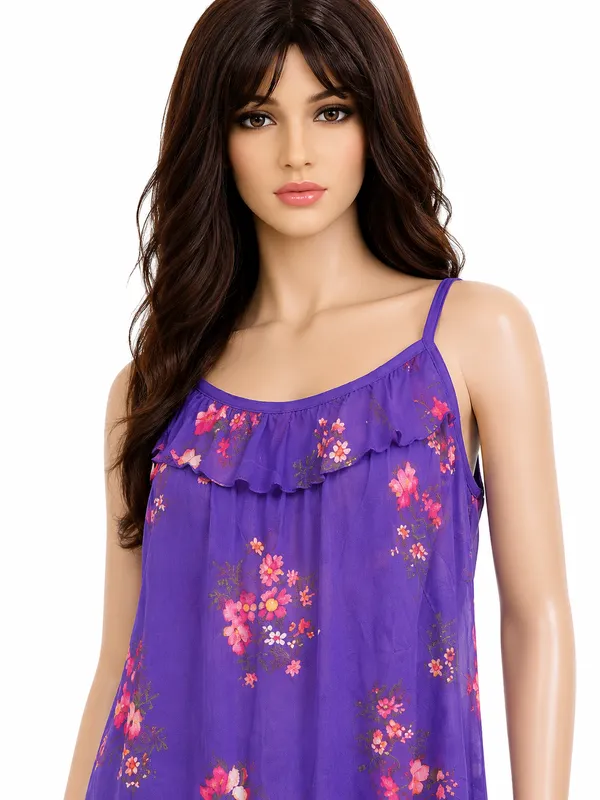 Purple_Floral_Print_Net_Sleeveless_Nightdress_For_Women